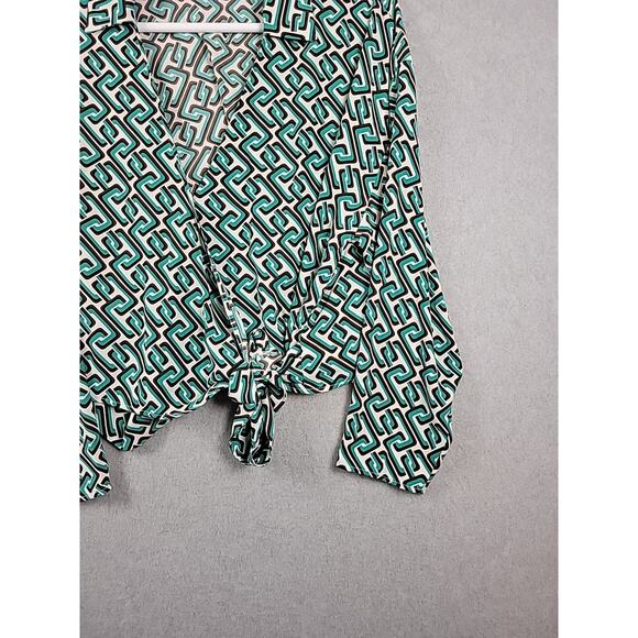 INTEMPO Green Geometric LS Tie Front Wrap Blouse Women's Plus 3X - Picture 5 of 12